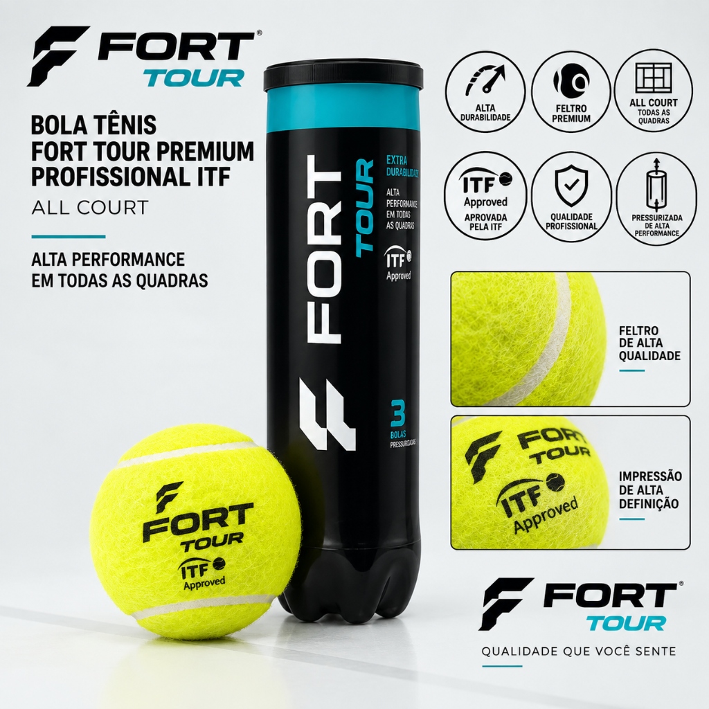Tubo com 3 Bolas de Tênis Fort Tour Premium Profissional ITF All Court