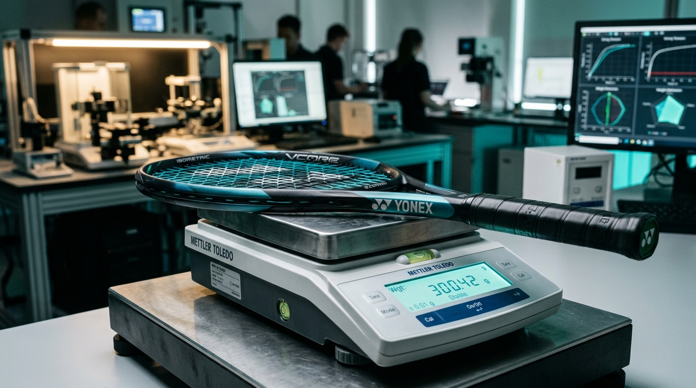 Medição de precisão de peso e ponto de equilíbrio de raquetes em laboratório esportivo