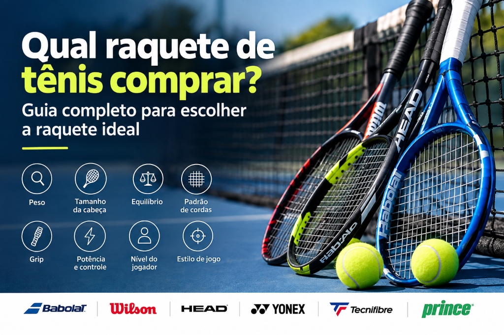 Equipamentos e raquetes de tênis preparadas na quadra para o jogador escolher o modelo ideal